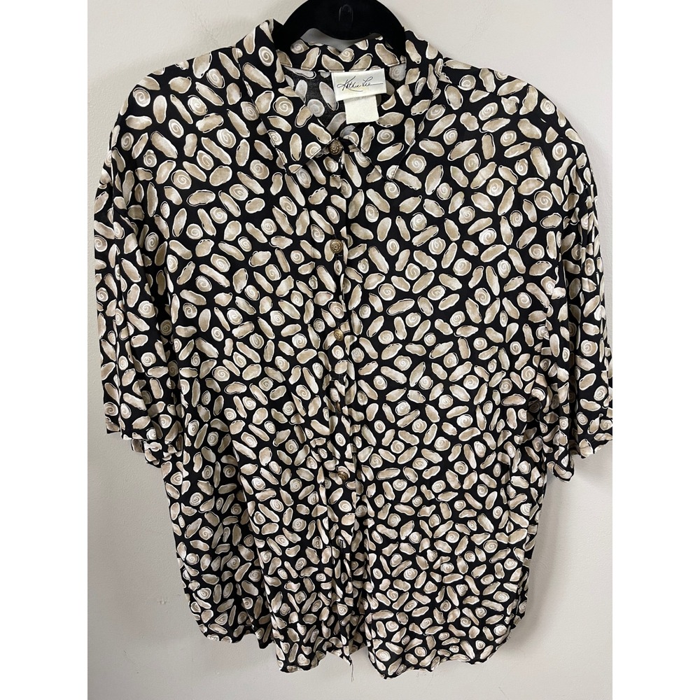 Kathie Lee Vintage 90s Button Down Shirt Rayon Abstract Shell Print Black Tan L